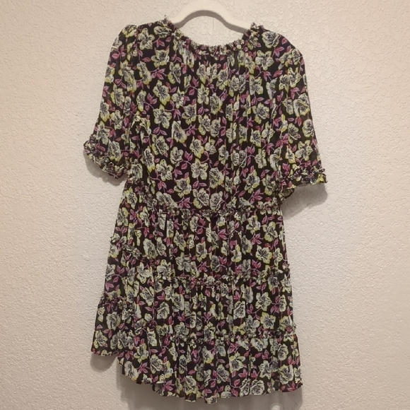 Cinq à Sept black multicolor floral v-neck Tish mini dress ruffle trim - Picture 8 of 8